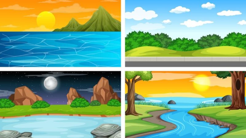 Four different scene of nature park and forest Free Vector Four different scene of nature park and forest Free Vector