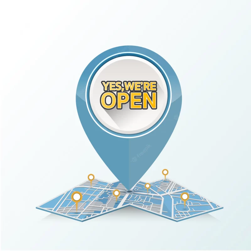 Gps pin drop on the street map with text design in a yes we’re open. Premium Vector