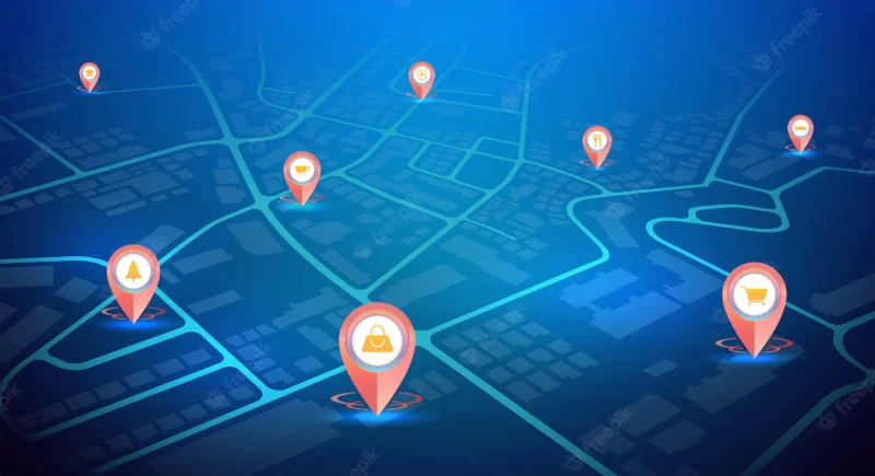 Gps pins with sign icons showing on city map blue color Premium Vector