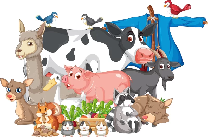 Group of farm animals sitting by the scarecrow Free Vector