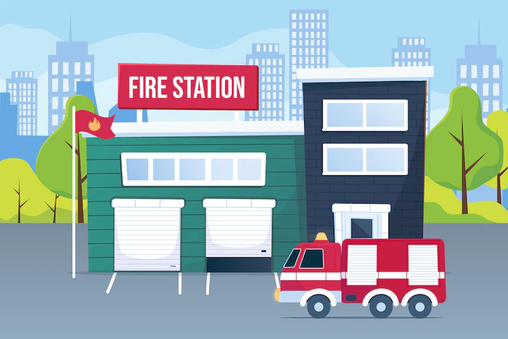 Hand drawn flat design fire station Free Vector