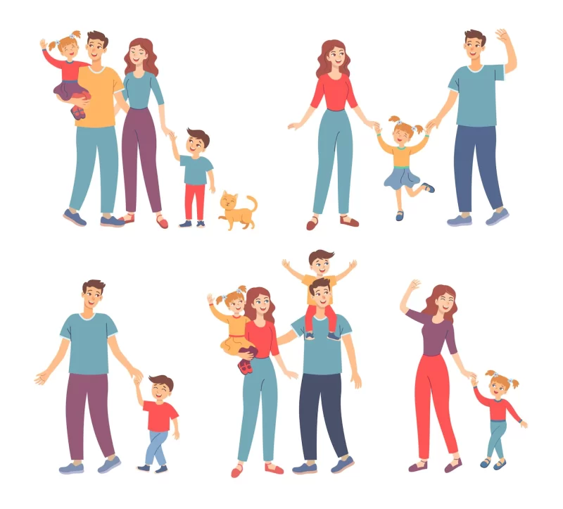 Happy family walking together outdoors set. illustrations of parents and children holding hands Free Vector Happy family walking together outdoors set. illustrations of parents and children holding hands Free Vector