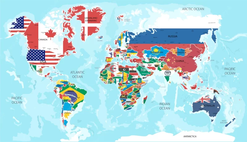 Illustration – map of the world with flags of all countries. Premium Vector