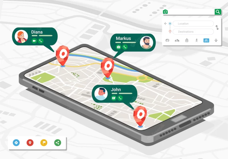 Isometric illustration of people location and contact in map application on smartphone Premium Vector