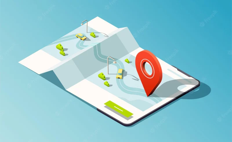 Isometric phone with map, road, taxi cars and red location pin. Premium Vector