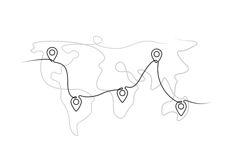 Location pointers on world map one line drawing location pins on map continuous line drawing gps navigation pointers on map one line map markers travel concept icon vector graphic eps 10 Premium Vector