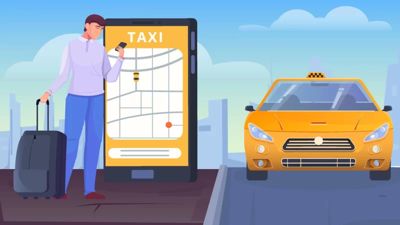 A man with bags orders a taxi through the app flat illustration Free Vector