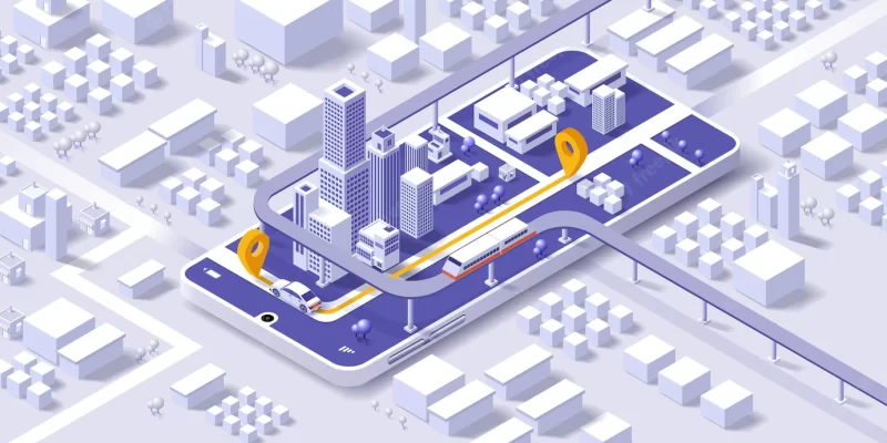 Maps and navigation online on mobile application city isometric plan with road and buildings gps world map isometric smart city concept 3d vector illustration Premium Vector