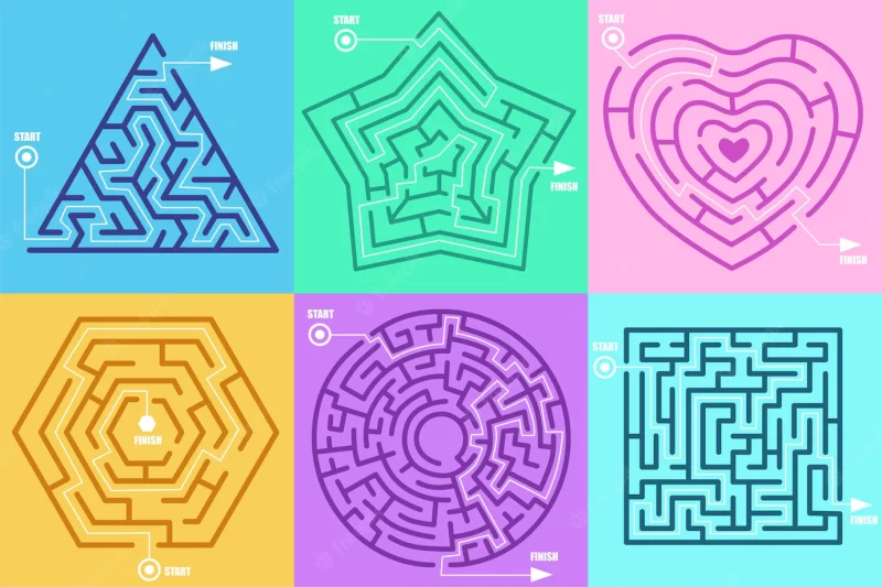 Maze games in form of different figures illustration set. circle, heart, square, star, hexagon, solved puzzle with correctly marked entrance and exit. labyrinth, riddle, mental activity concept Free Vector