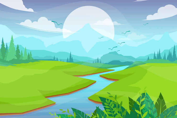 Nature Scene With River Hills Forest Mountain Landscape Flat Cartoon Style Illustration 1150 37306