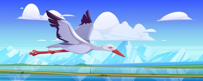 One stork fly above mountain valley with green field and river. vector cartoon illustration of summer landscape with green grass, road, lake, rocks on horizon and flying ciconiidae bird Free Vector One stork fly above mountain valley with green field and river. vector cartoon illustration of summer landscape with green grass, road, lake, rocks on horizon and flying ciconiidae bird Free Vector