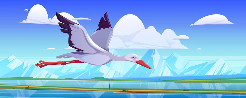 One Stork Fly Mountain Valley With Green Field River Vector Cartoon Illustration Summer Landscape With Green Grass Road Lake Rocks Horizon Flying Ciconiidae Bird 107791 9294