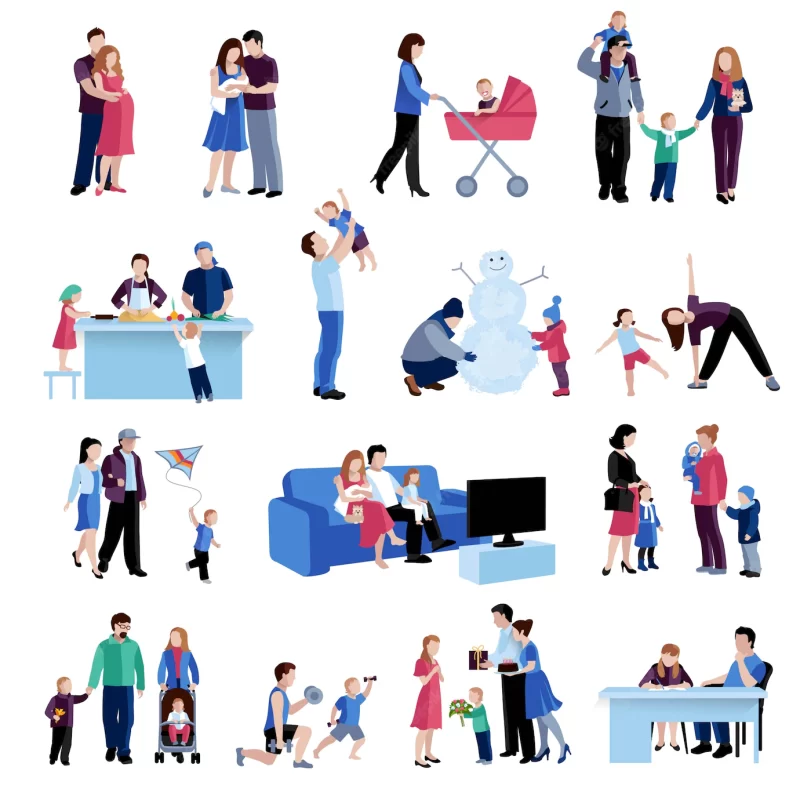 Parenthood family situations flat icons set Free Vector