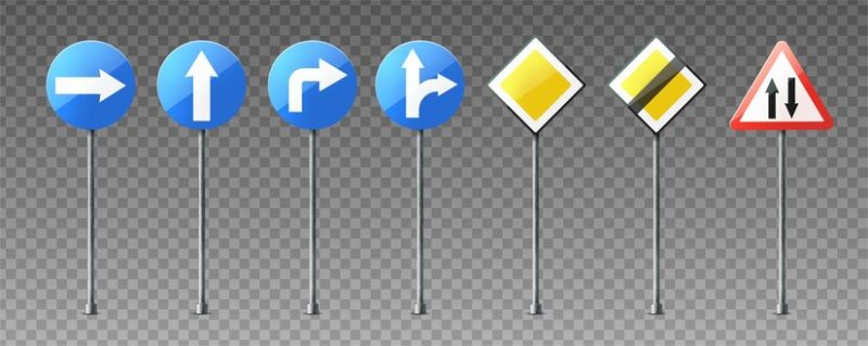 Realistic collection of warning and information road signs showing directions Free Vector