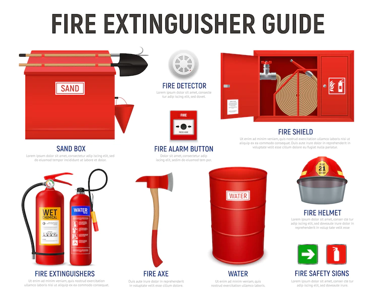 Realistic Fire Extinguisher Guide With Editable Text Captions Isolated Images Various Fire Fighting Appliances Illustration 1284 29507