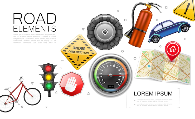 Realistic Road Elements Collection With Bicycle Traffic Light Speedometer Map Pointer Tire Car Fire Extinguisher Construction Warning Signs Isolated Illustration 1284 51286