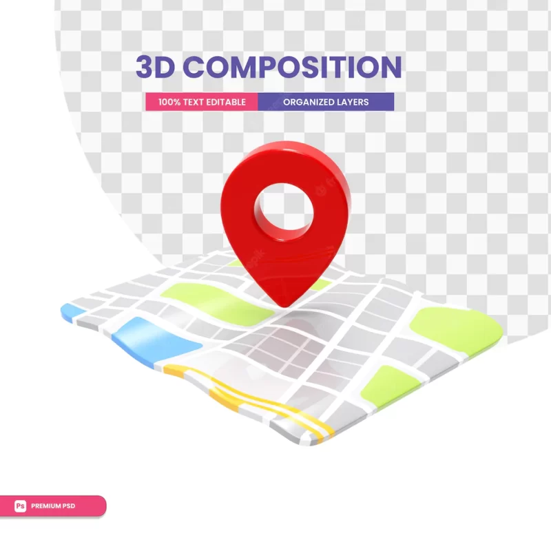 Red GPS pin on the map in 3d rendering Premium Psd