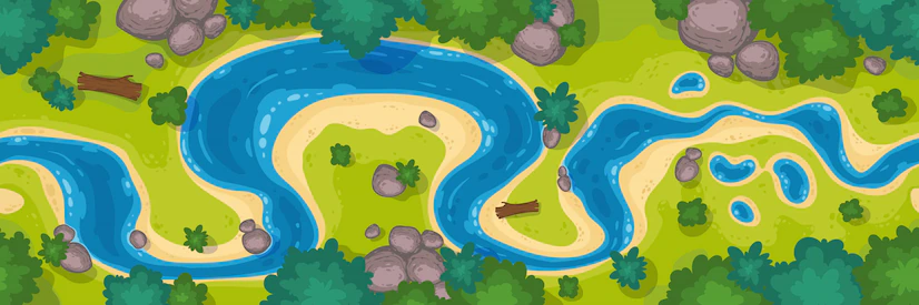 River Top View Cartoon Curve Riverbed With Blue Water Coastline With Rocks Trees Green Grass 107791 2993