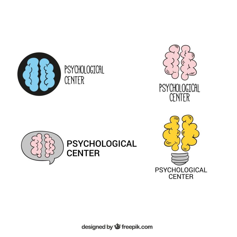 Several hand-drawn psychology logos with decorative brain Free Vector