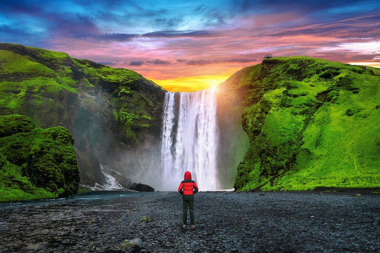 Man watching skogafoss. Free image download