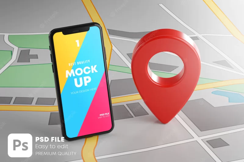 Smartphone and red GPS pin on map mockup Premium Psd