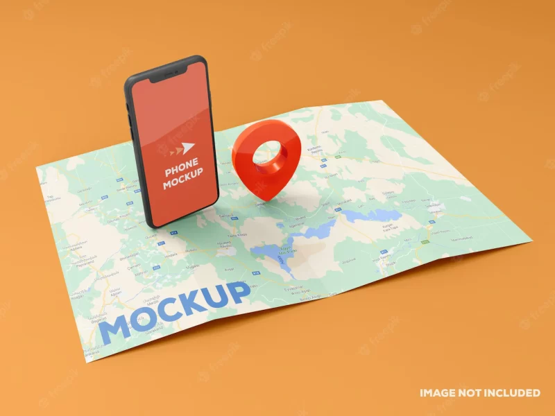 Smartphone and red GPS pin on map mockup Premium Psd