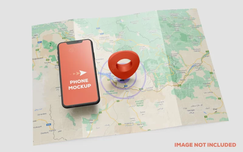 Smartphone and red GPS pin on map mockup Premium Psd