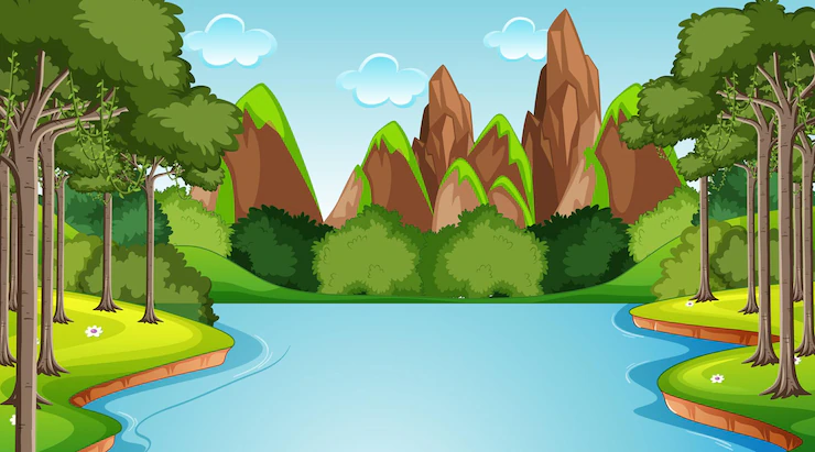 Stream Flowing Through Forest Scene With Mountain Background 1308 61522