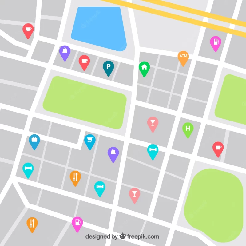 Street map design with catering sector pins Free Vector