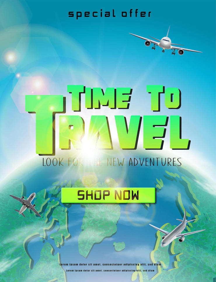 Time Travel Banner With Green Globe Flying Planes Around Vertical Orientation 134830 1048