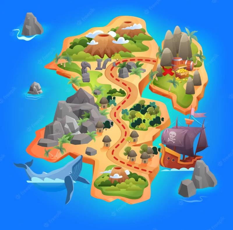 Treasure game map, cartoon tropical island map showing road direction to pirate gold treasure Premium Vector