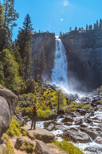 Vertical Shot Woman Hiking Vernal Falls Waterfall Yosemite National Park Usa 181624 53229