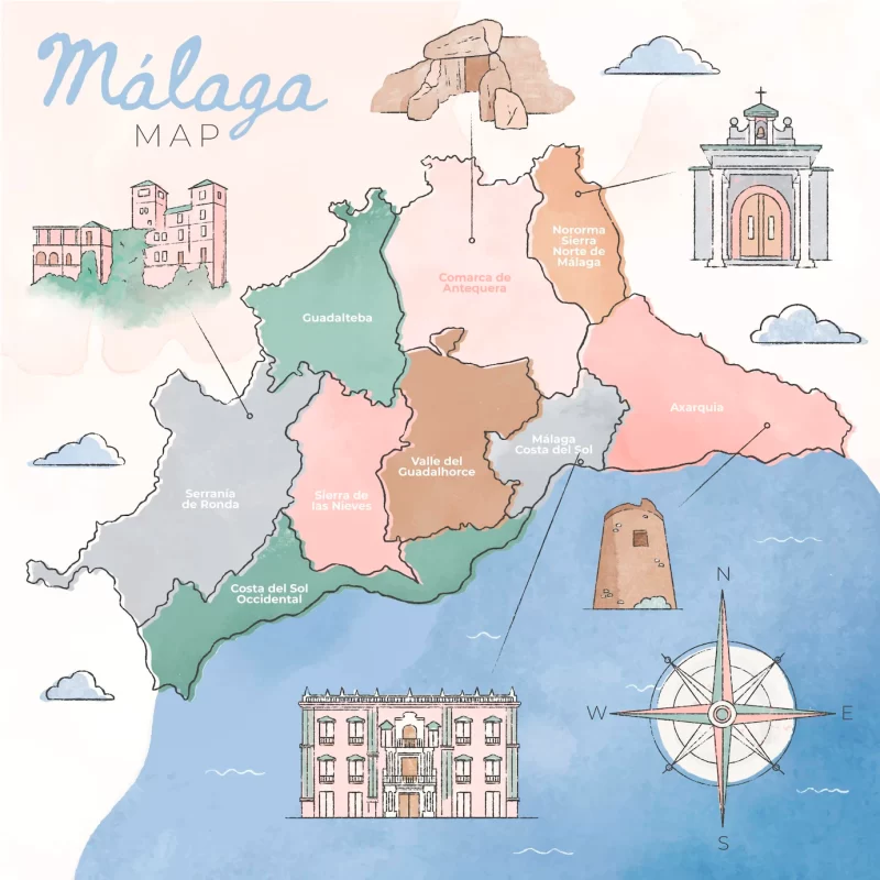 Watercolor painted Málaga map Free Vector