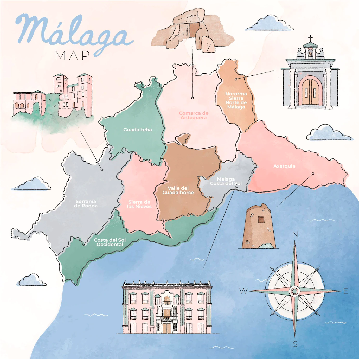 Watercolor Painted Malaga Map 52683 71503