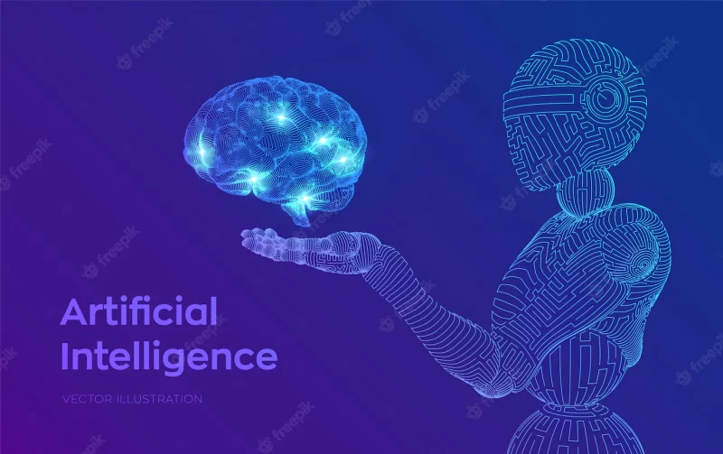 Wireframe robot. ai artificial intelligence in the form of cyborg or bot. brain in robotic hand. digital brain. Free Vector