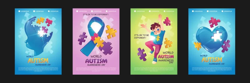 World autism awareness day posters. set of flyers with cartoon illustrations with puzzle pieces. Free Vector