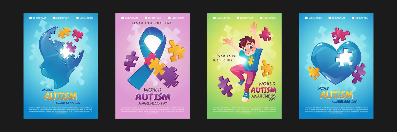 World Autism Awareness Day Posters Set Flyers With Cartoon Illustrations With Puzzle Pieces 107791 5527
