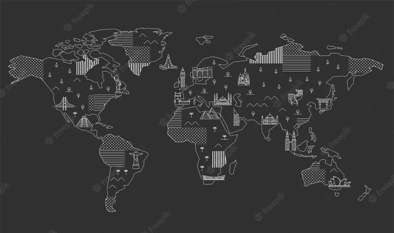 World map with famous landmarks. line art illustration Premium Vector