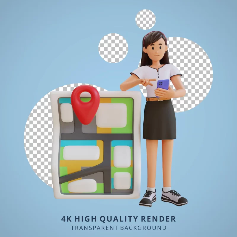 Young girl checking map using smart phone 3d character illustration Free Psd