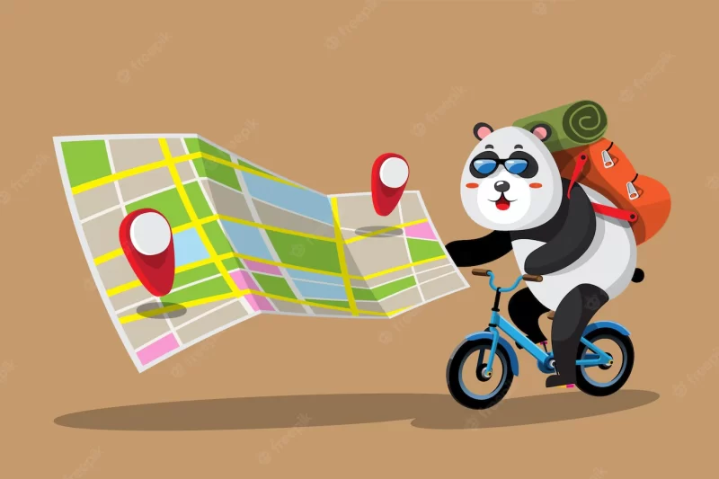 A young panda tourist rides a bicycle touring the city using maps and gps navigation to reach his destination without getting lost flat vector illustration character design Free Vector