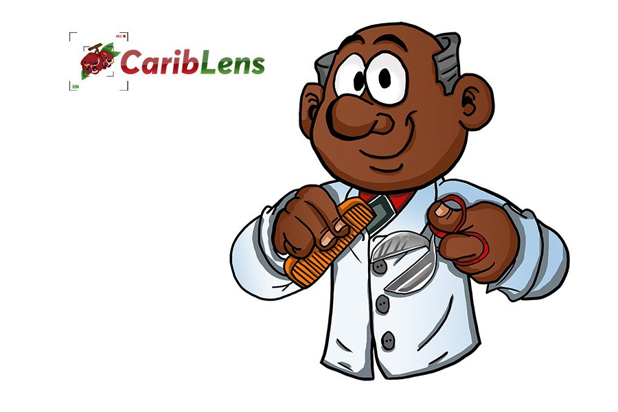 Black African cartoon barber with comb and scissors in hands