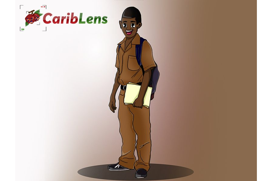 Cartoon Black Jamaican School boy in uniform standing up with paper in his hands