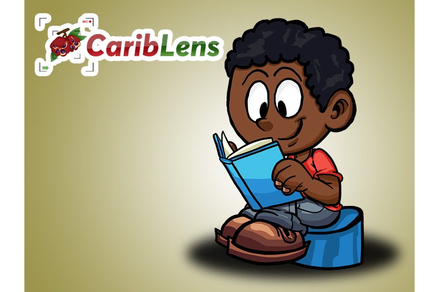 Cartoon Black Boy sitting and reading a book