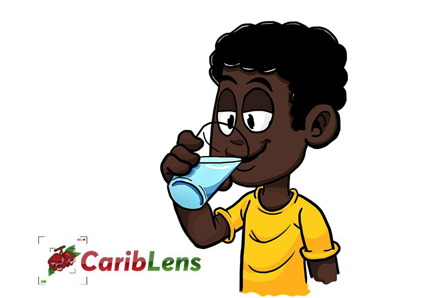 Cartoon Little black boy drinking water from a glass Cup