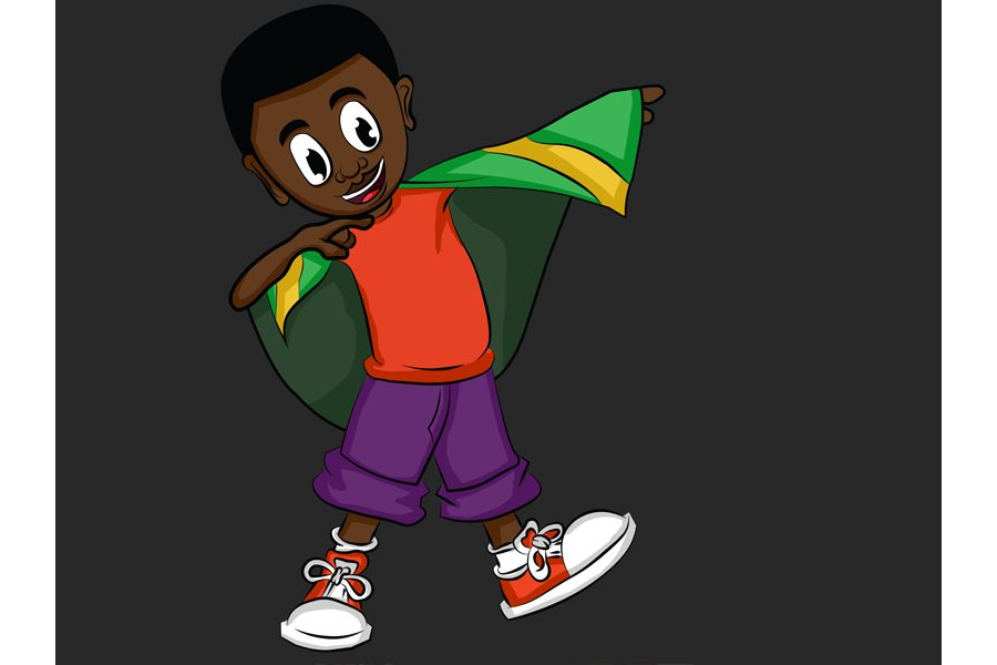 Cartoon Black boy with Jamaican flag on shoulder